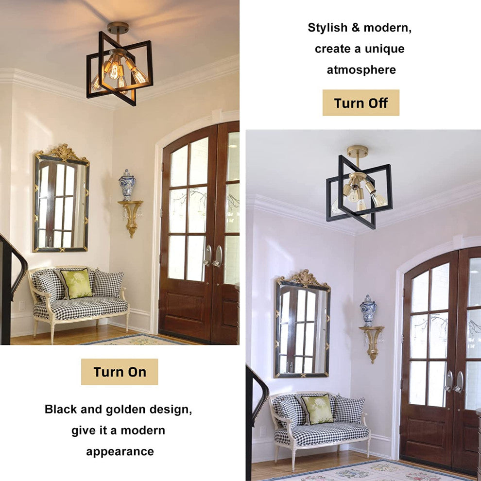 4 Light Industrial Ceiling Light Fixture Black and Gold Rectangle Flush Mount