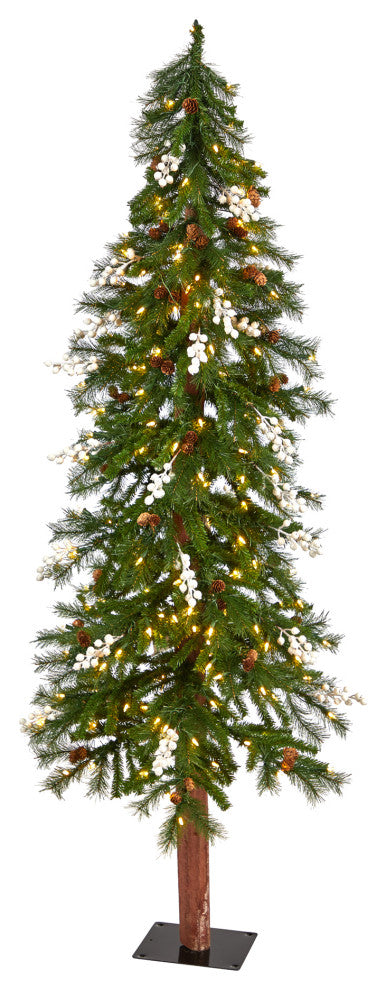 6' Alpine Faux Xmas Tree With Pinecones, Berries and 200 White Warm LED Lights