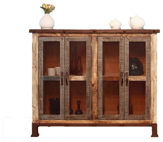 Bayshore Rustic Solid Pine Wood 4-Door Sideboard, Mesh Doors