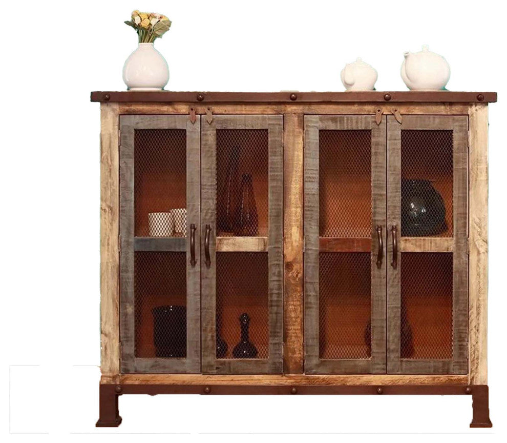 Bayshore Rustic Solid Pine Wood 4-Door Sideboard, Mesh Doors