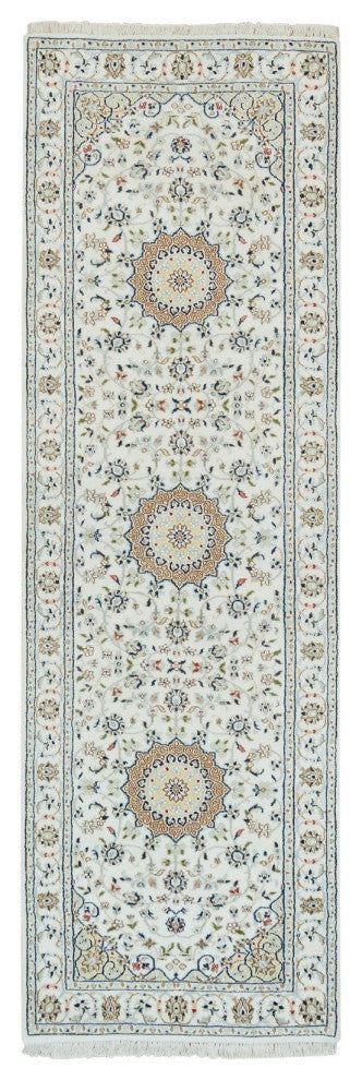 White, Natural Wool, Hand Knotted, Nain Design 250 KPSI Runner Rug, 2'8"x8'4"