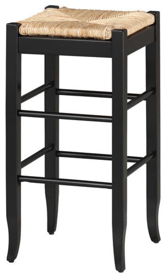 Square Rush Backless Wood Bar Stool, Black