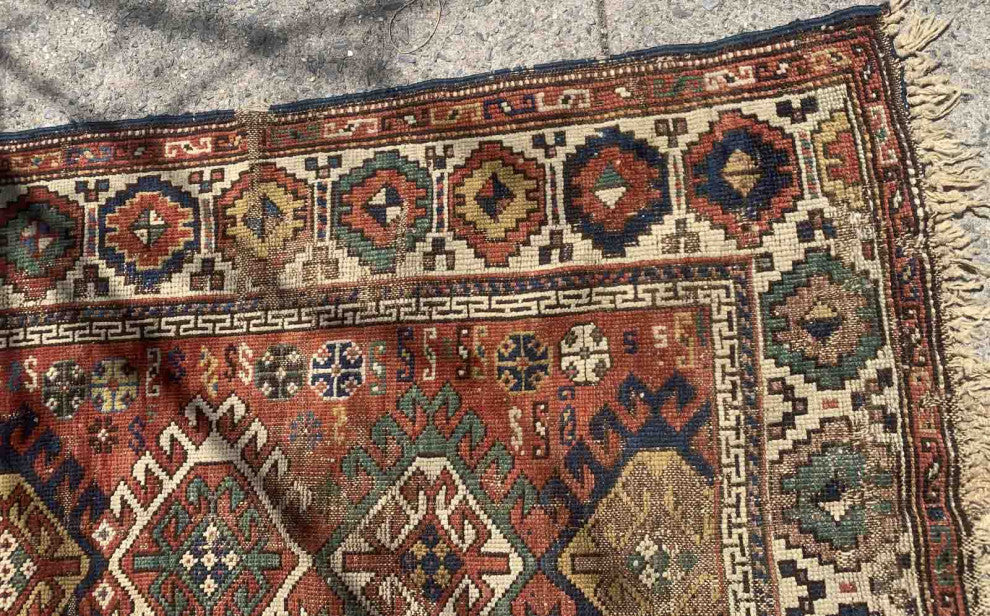 Handmade Antique Caucasian Kazak Rug 3.4'x4.4', 103cmx134cm 1880s