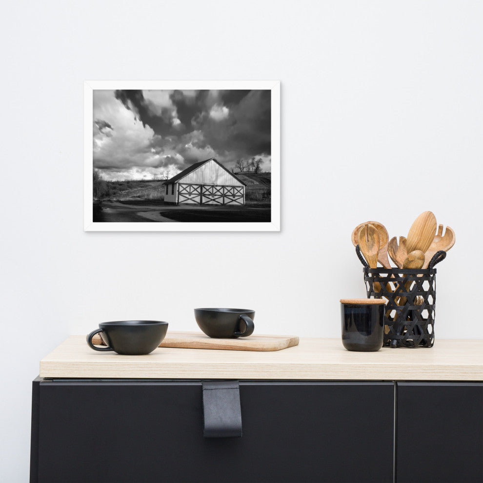 Aging Barn Morning Sun in Black and White Framed Photo Paper Wall Art Prints, White, 12" X 16"