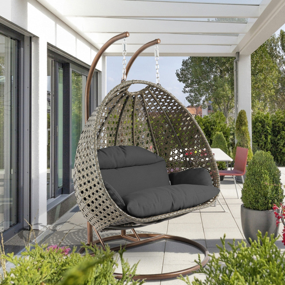 2 Person Beige Wicker Double Hanging Egg Swing Chair, Dark Gray