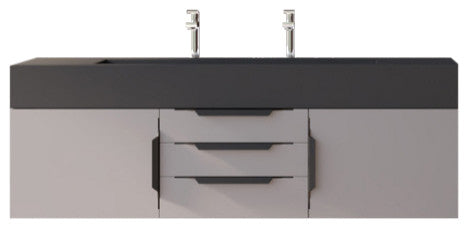 CastelloUSA Nile 60" Wall Mounted Vanity Set, Gray, Black Top, Black Handles