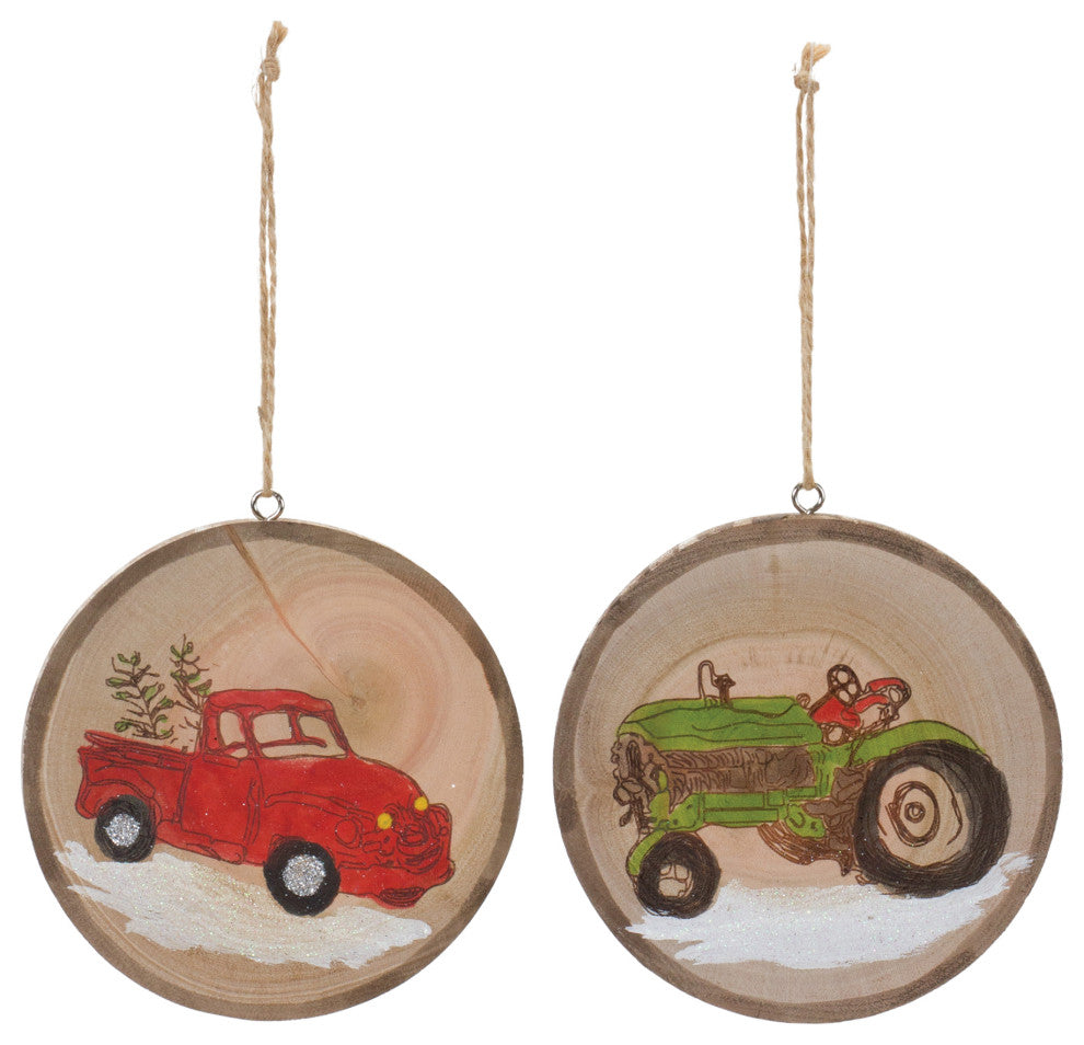 Wood Farm Tree Disc Ornament, Set of 12