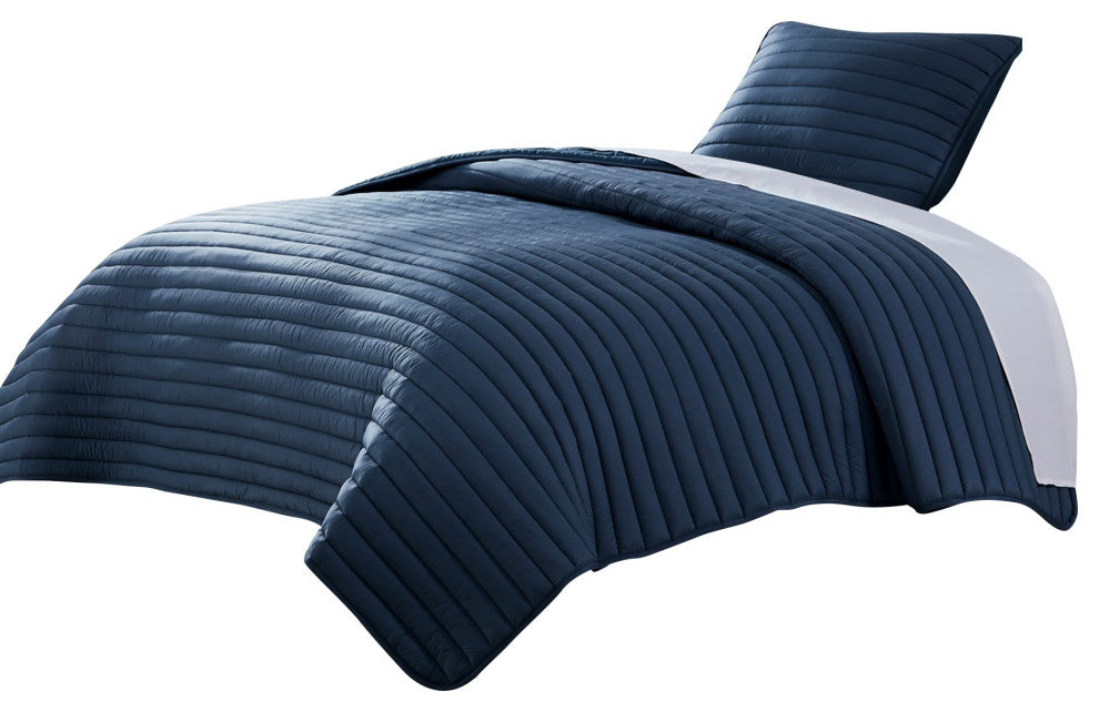 Benzara BM283911 2 Piece Twin Comforter Set, Puffer Channel Quilted Navy Blue