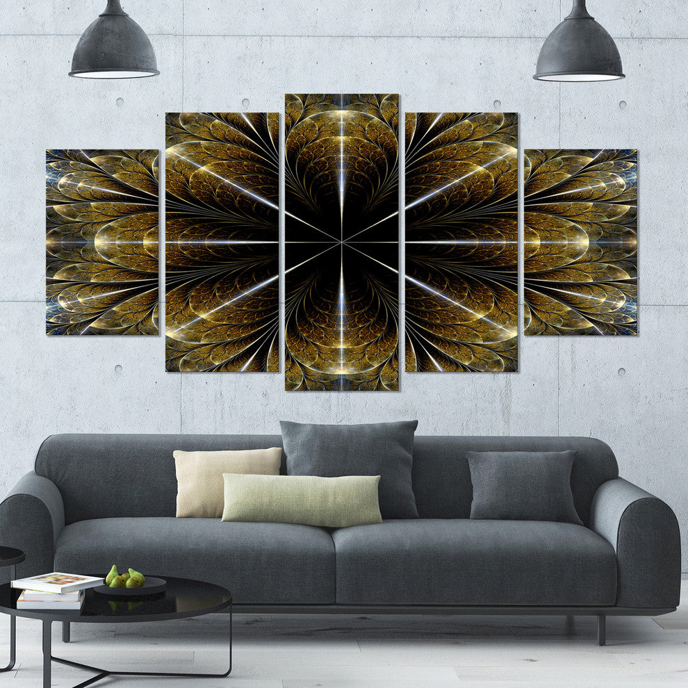 Symmetrical Gold Fractal Flower, Abstract Canvas Art Print, 60"x32", 5 Panels