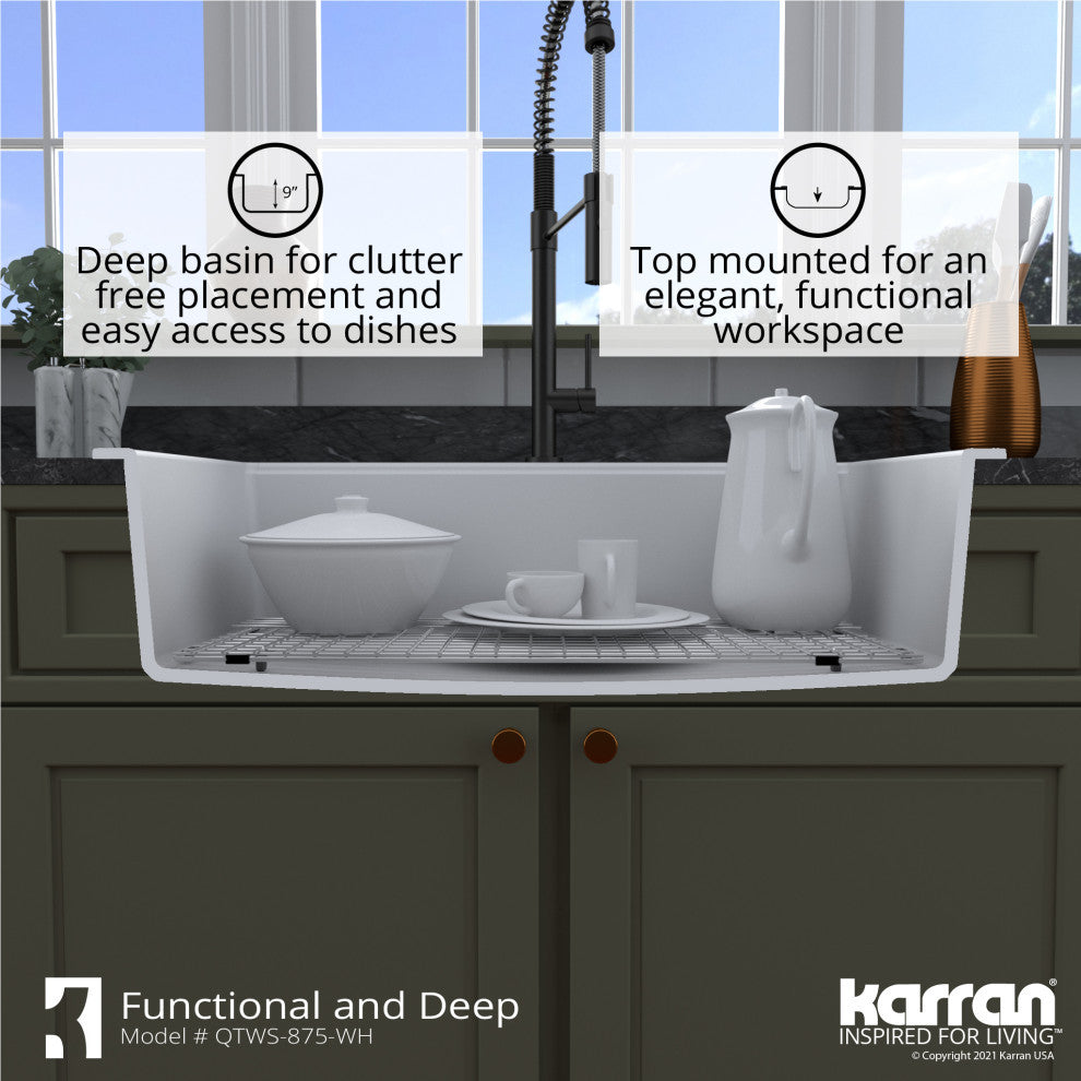 Karran Top Mount 33" Single Bowl Quartz Workstation Kitchen Sink, White