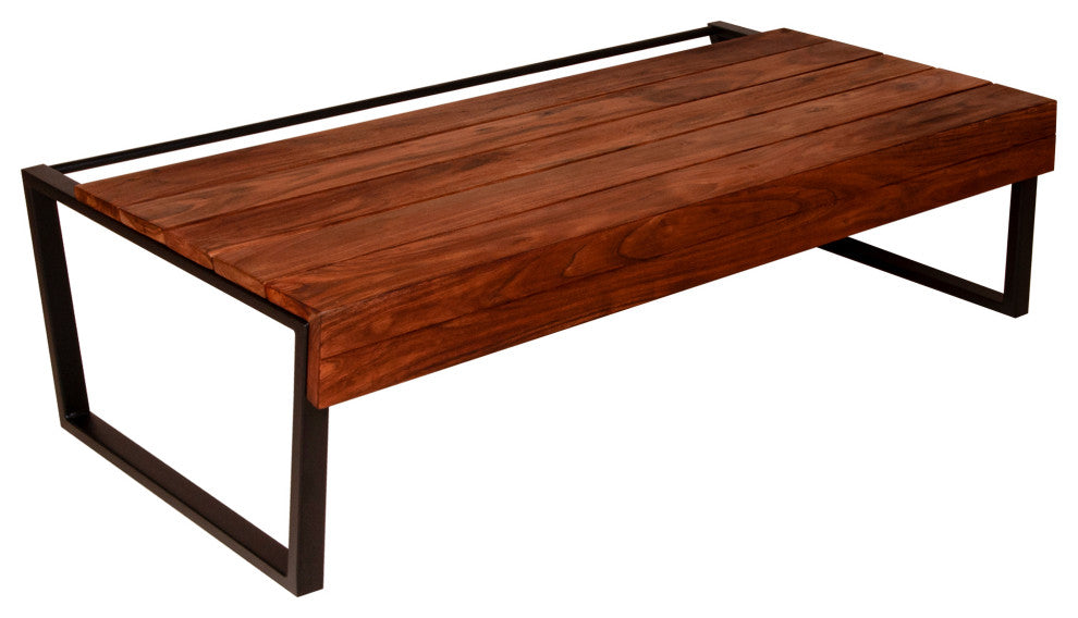 Benzara UPT-238064 Rectangular Coffee Table With Plank Style Top, Brown/Black
