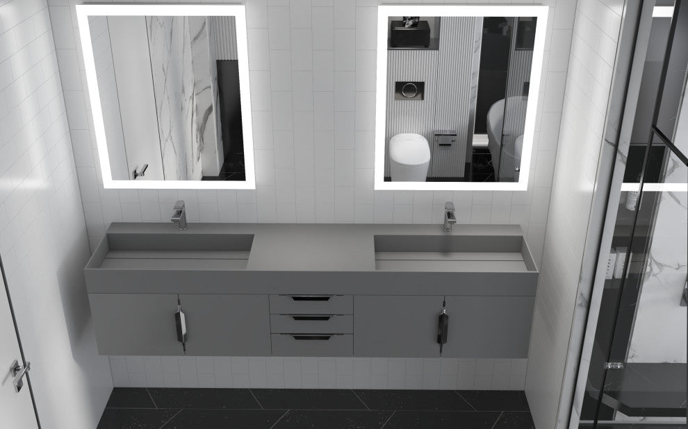 CastelloUSA Amazon 84" Wall Mounted Bathroom Vanity Set, Gray, Gray Top, Chrome Handles