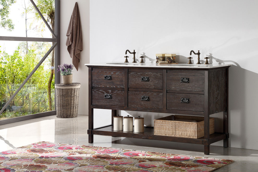 60" Wood Sink Vanity With Marble Top-No Faucet