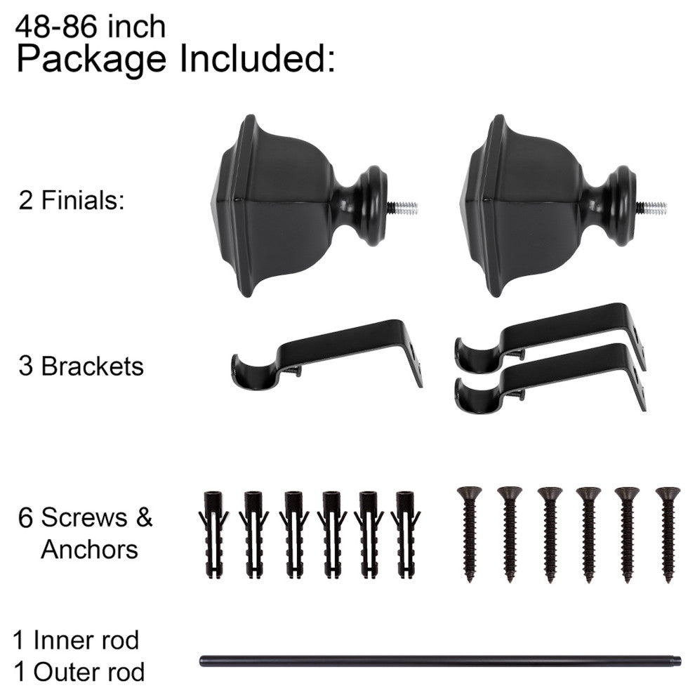 UTOPIA ALLEY 3/4" Single Adjustable Curtain rods for Windows, Black, 48"-86"