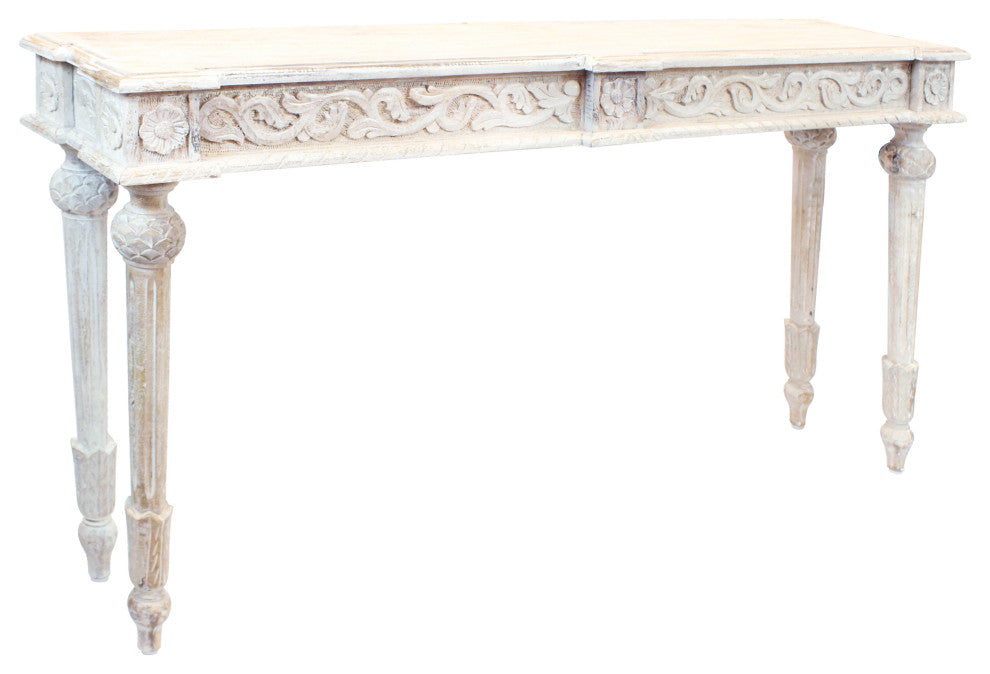 Tigard Console Table in Traditional White Finish on Hand-Carved Solid Wood, White Antique