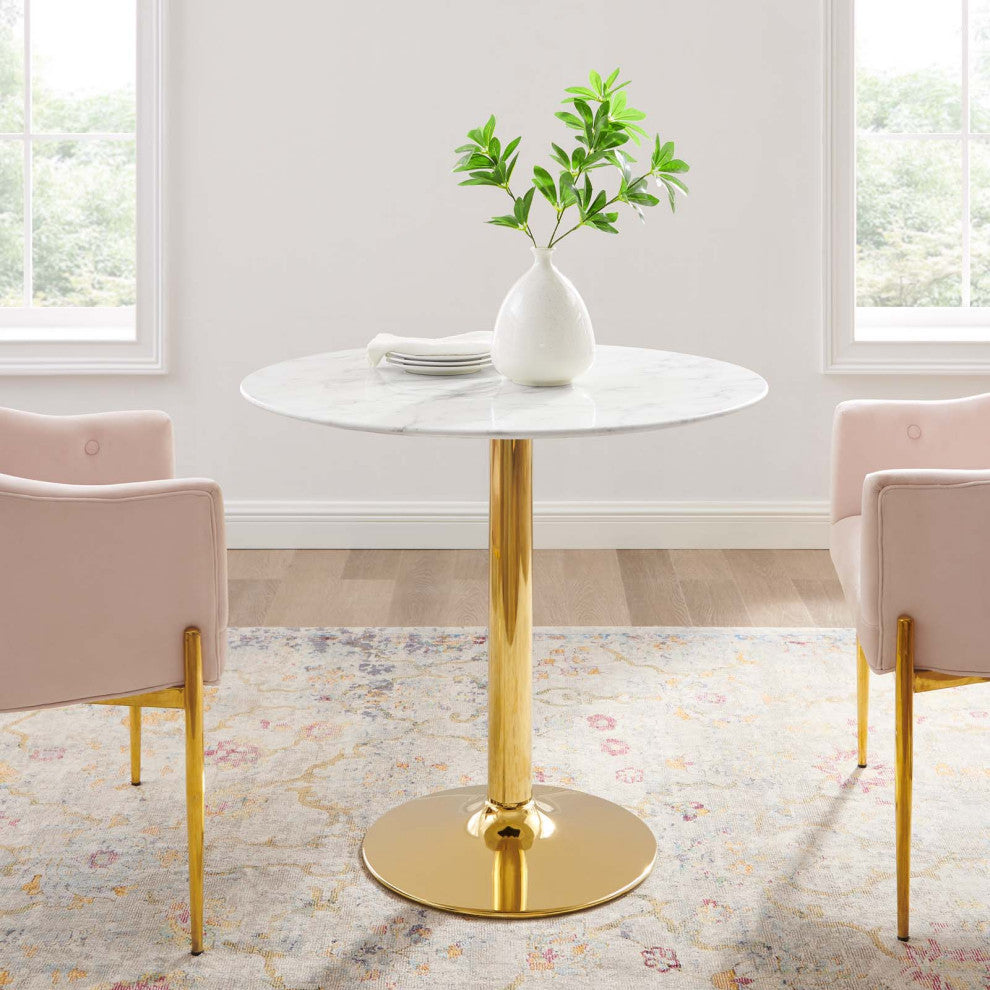 35" Dining Table, Round, White Gold, Artificial Marble, Modern, Mid Century