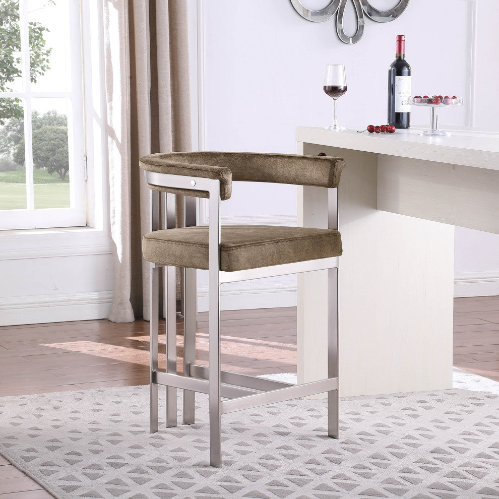 Marcello Upholstered Counter Stool, Brown, Velvet, Brushed Chrome
