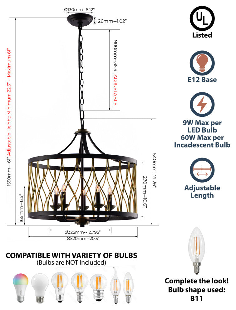 Lazzur Selune 5 Light 21" Matte Oil Rubbed Bronze Pendant
