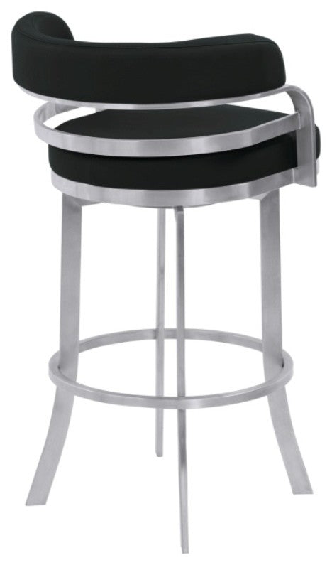 Armen Living Prinz 30" Bar Height Metal Swivel Barstool in Black Faux Leather wi