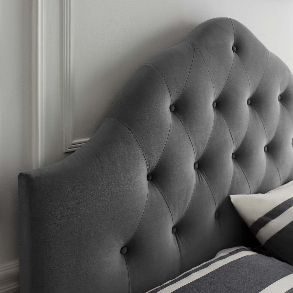 Contemporary Modern Queen Size Tufted Headboard, Velvet Fabric, Grey Gray