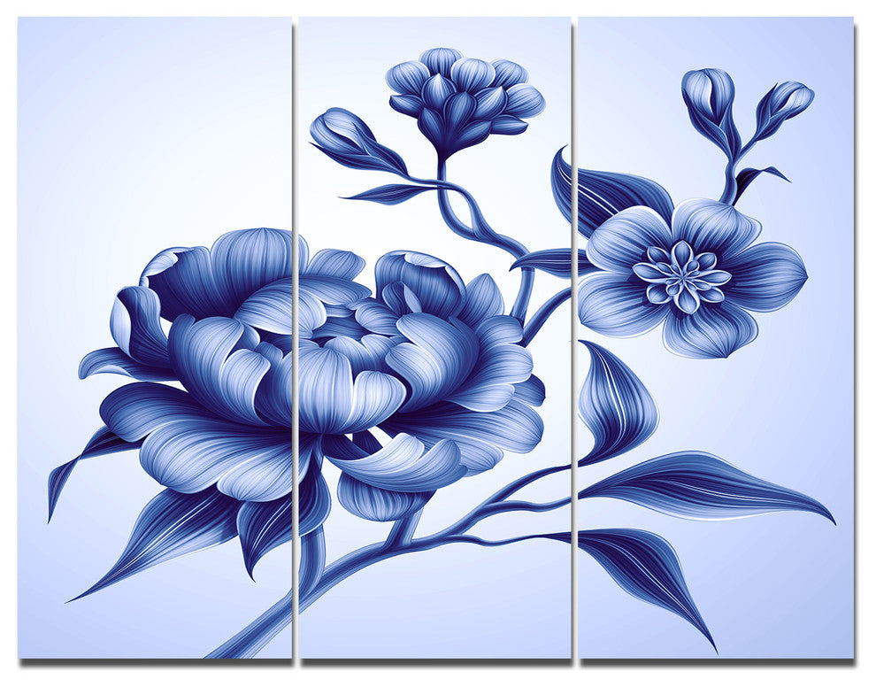 Blue Peony Rose and Sakura Flowers, Floral Triptych Canvas Art, 36x28, 3 Panels