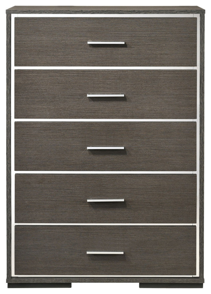 Benzara BM225886 5 Drawer Wooden Chest With Mirror Trim Accents, Gray