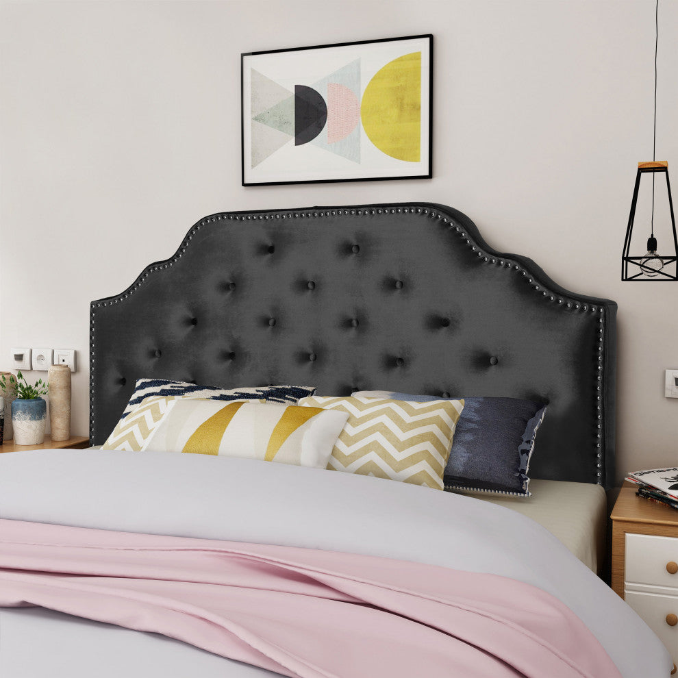 GDF Studio Falcon Tufted New Velvet Queen/Full Headboard, Black