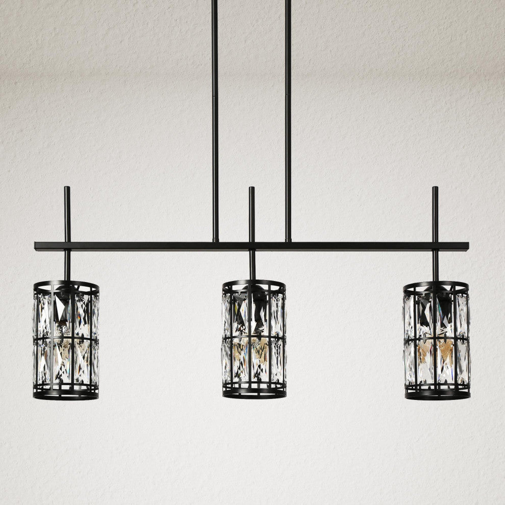 LNC Chispa Black Modern Linear Crystal Large Kitchen Island Light, 3 Lights