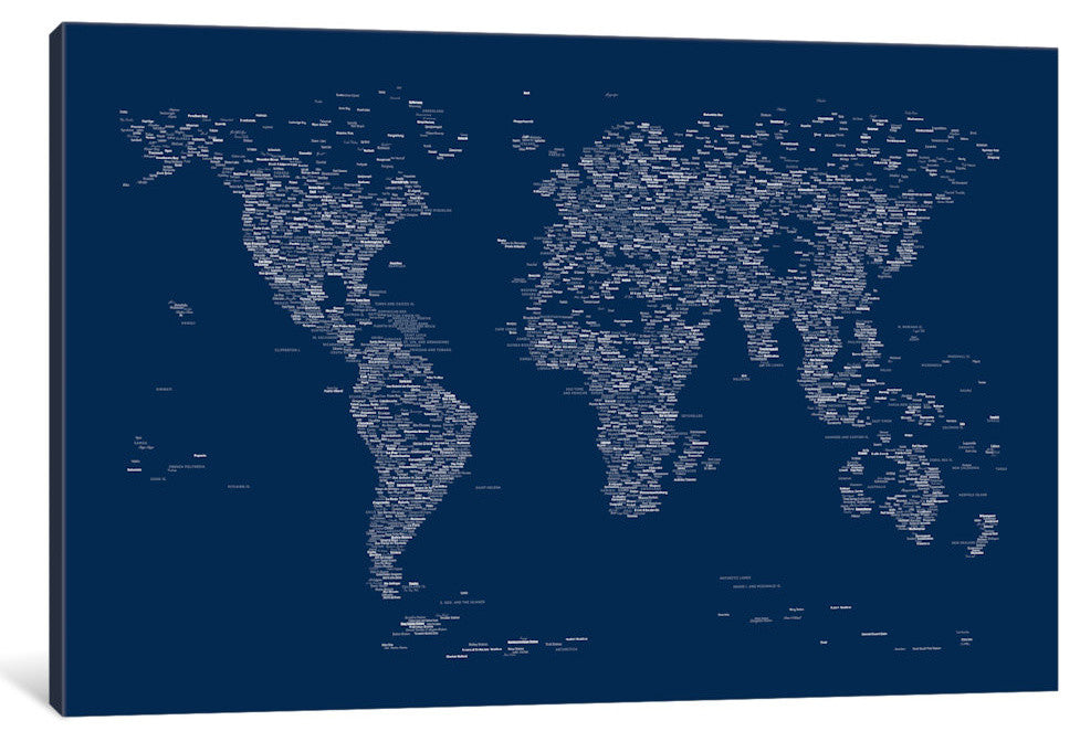 "Font World Map, Blue" Wrapped Canvas Art Print, 18x12x1.5