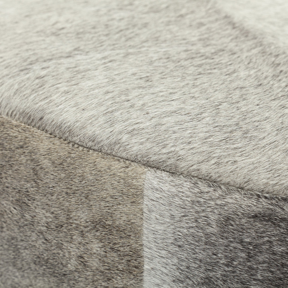 Gray Cowhide Round Ottoman With Metal Base