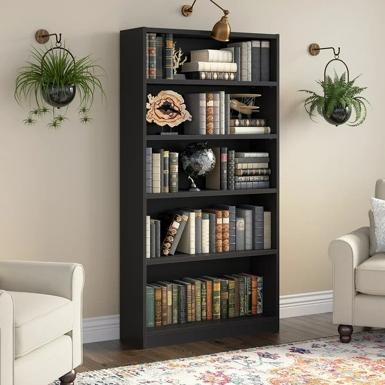 Traditional Bookcase, Open Compartments With Adjustable Shelves, Black