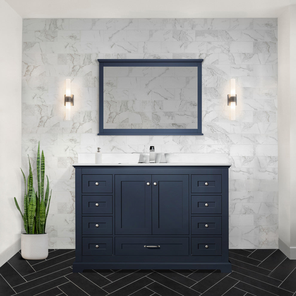 Dukes 48" Navy Blue Single Square Sink Vanity with Quartz Top, With Mirror