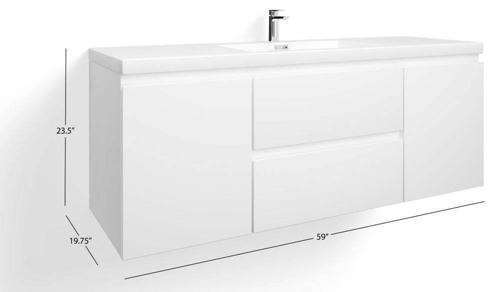 Beacon Bath Vanity, High Gloss White, 60", Single Sink, Wall Mount