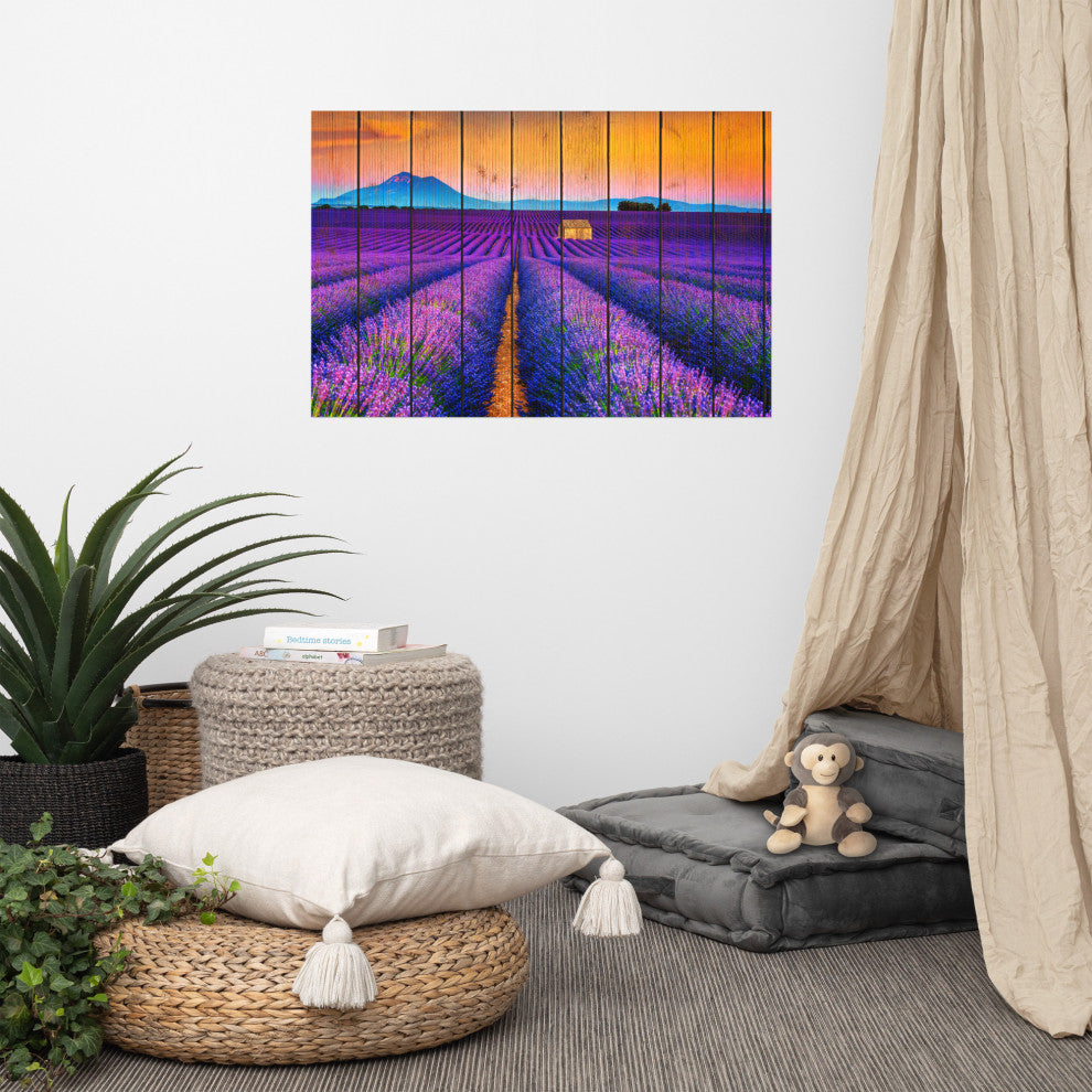 Faux Wood Lavender Fields and Sunset Landscape Unframed Wall Art Prints, 24" X 36"
