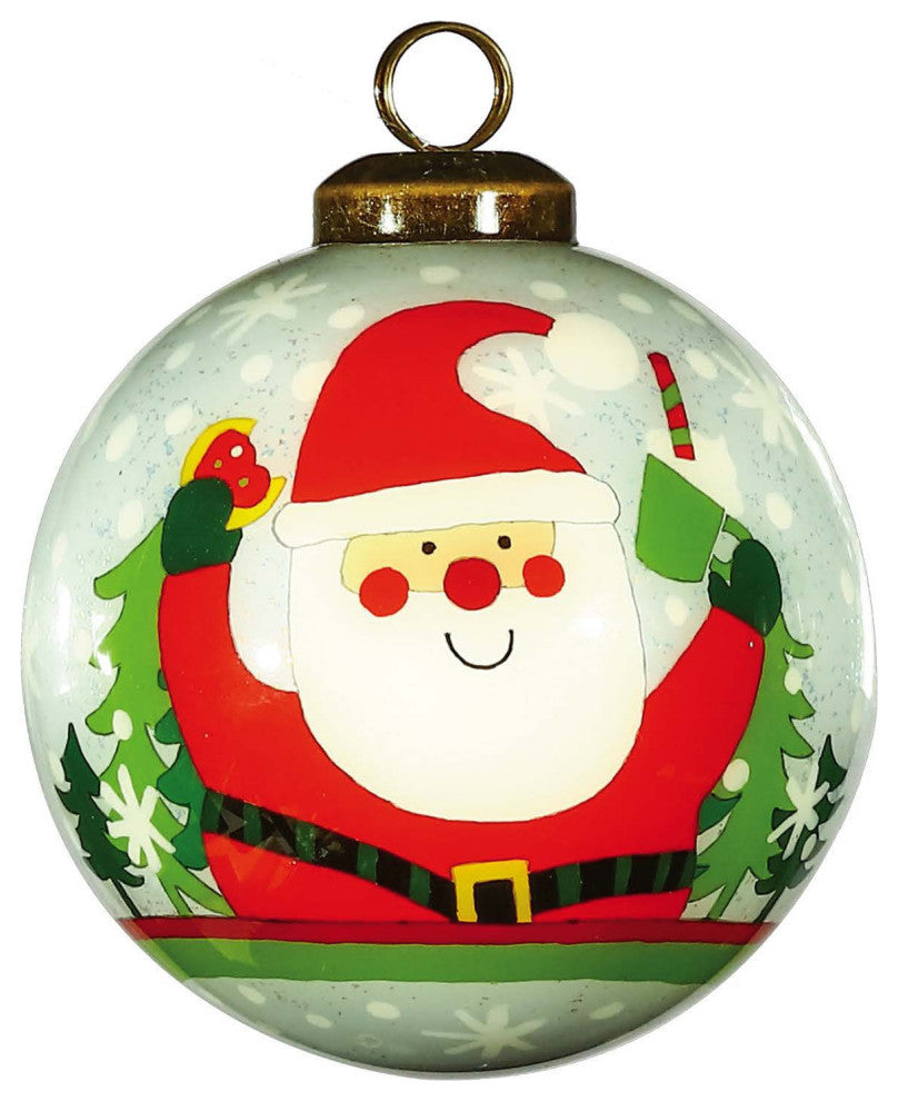 Festive Glitter Santa Hand Painted Mouth Blown Glass Ornament