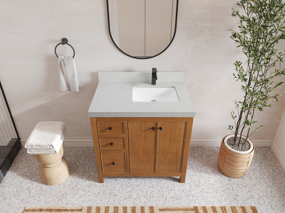 Chicago Venner Teak 36" Right Offset Vanity, Dark Natural 2" Carrara Quartz