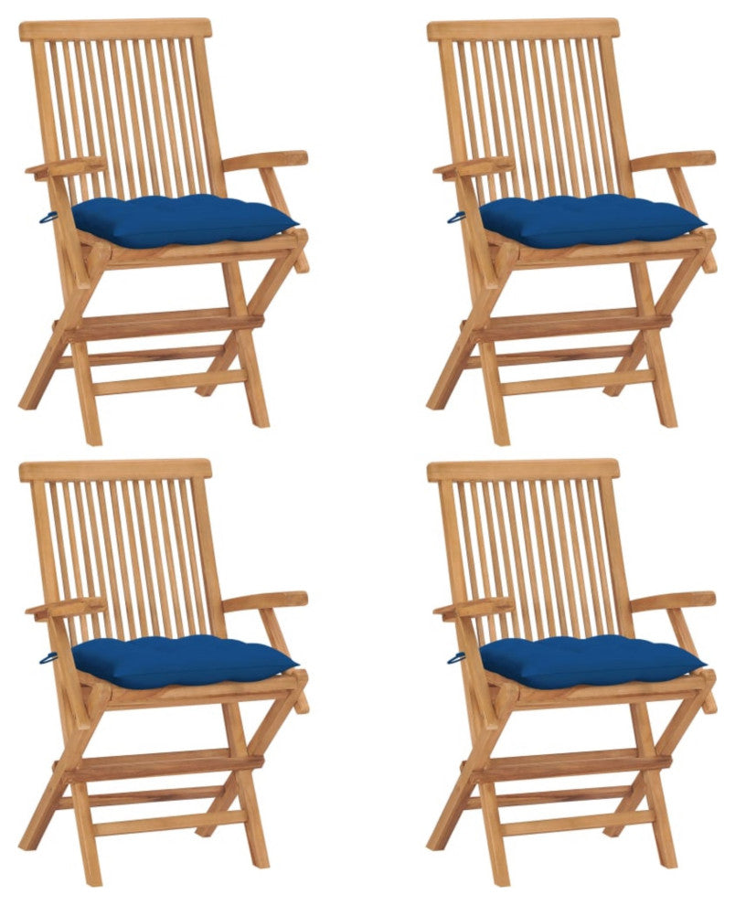 vidaXL Garden Chairs With Blue Cushions, Set of 4, Solid Teak Wood