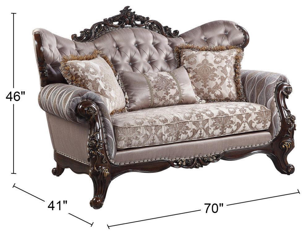 Upholstered Loveseat, Antique Oak and Champagne