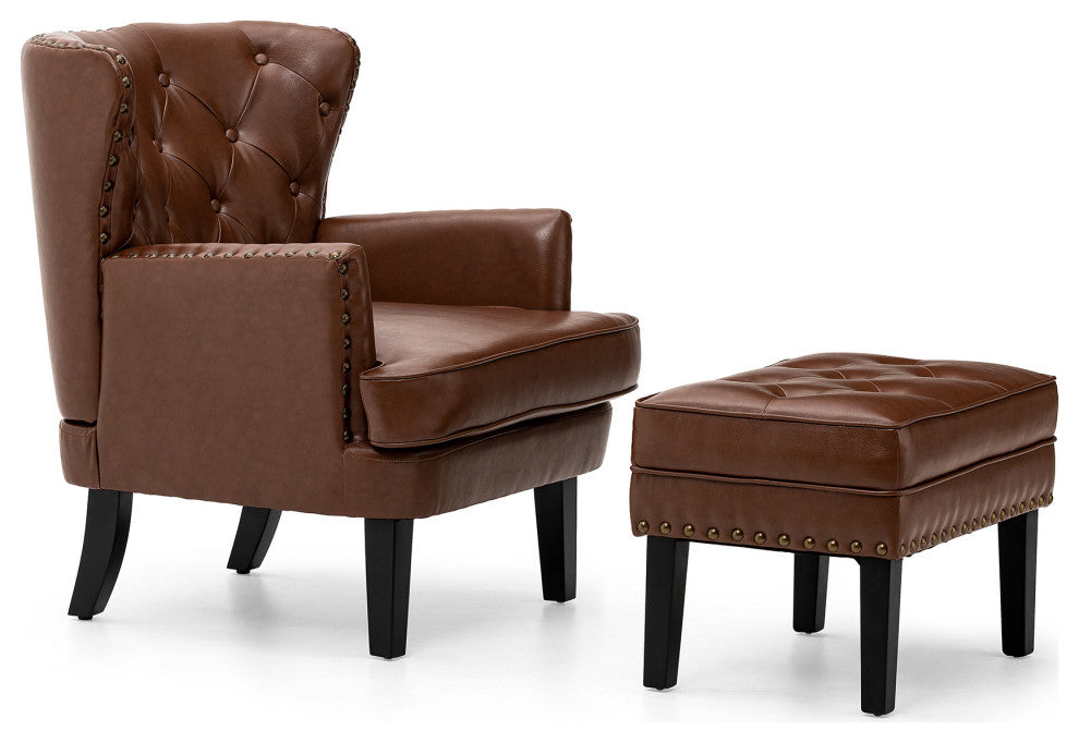 Set of 2 Accent Chair and Accent Stool, Coffee