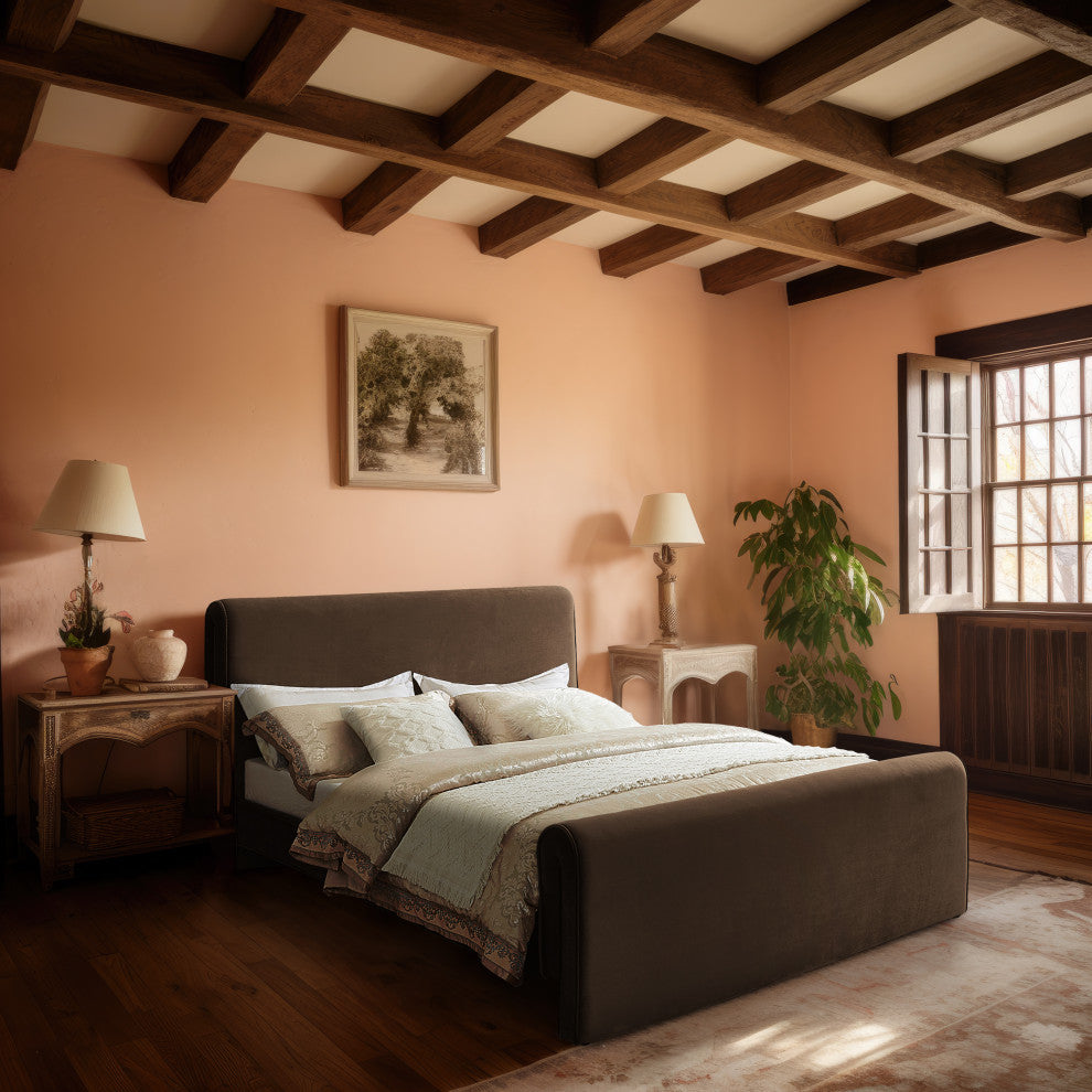 Sloan Black Velvet Full Bed, Brown, Queen