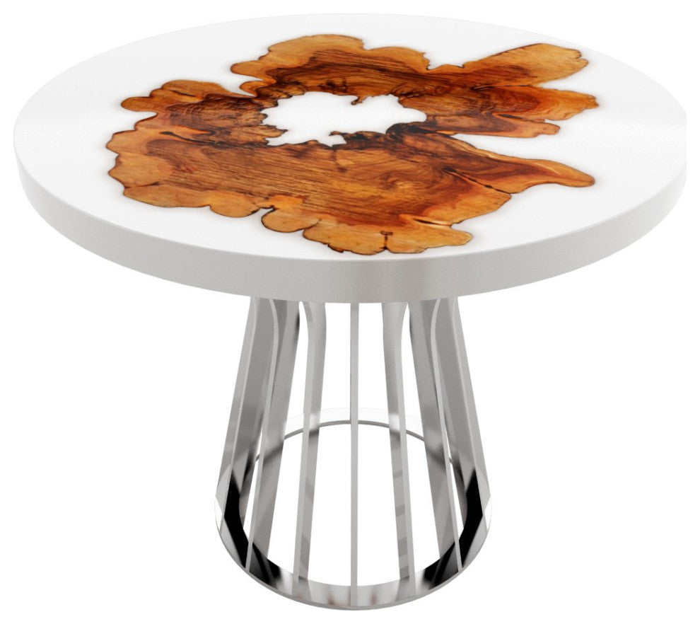 Cross-Cut Olive Wood Round Table, White Top and Chrome Base, 12 Seater