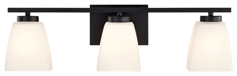 22 in. 3-Light Matte Black Vanity Light With Square Etched White Glass Shades