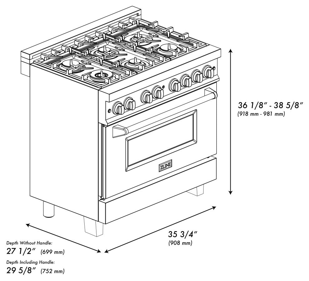 ZLINE 36" Dual Fuel Range, DuraSnow With Matte Black Accents RASZ-SN-36-MB