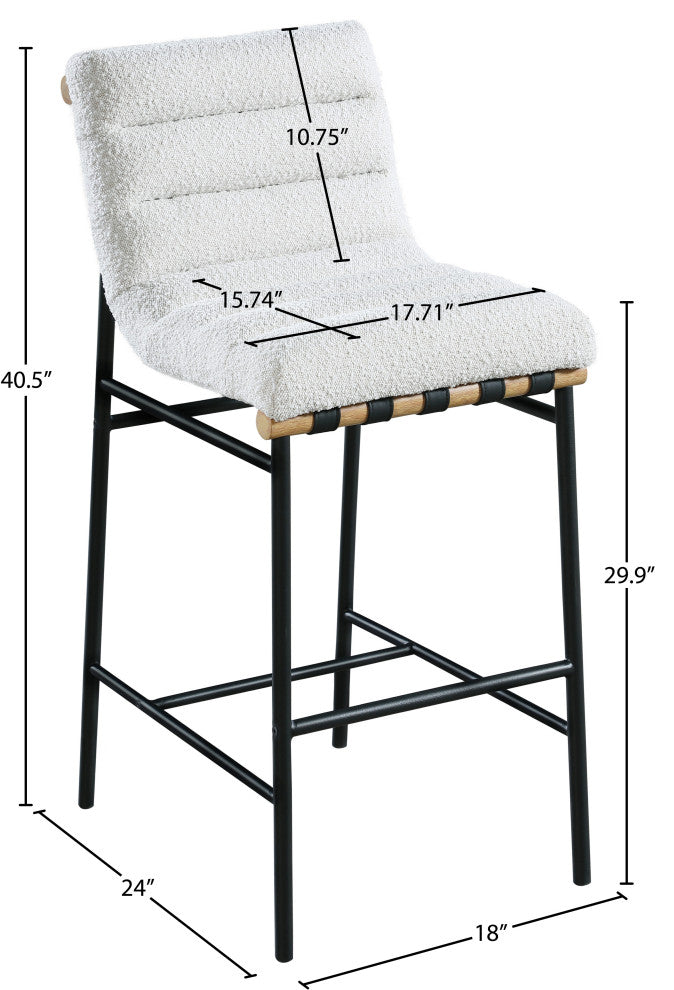 Burke Upholstered Bar Stool, Cream, Boucle Fabric, White Oak Veneer Metal Dowel