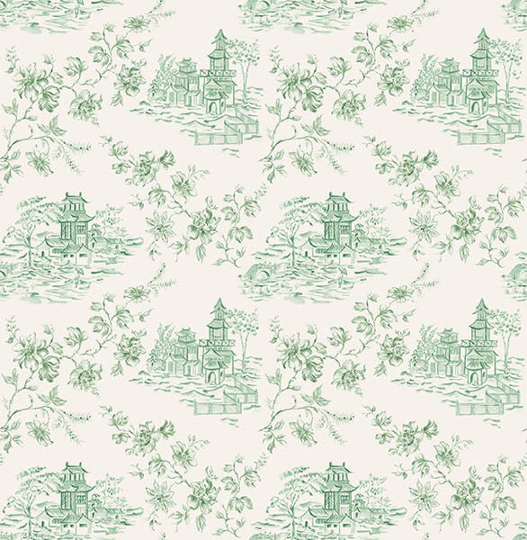 Asian Village Toile Wallpaper, Green, Bolt