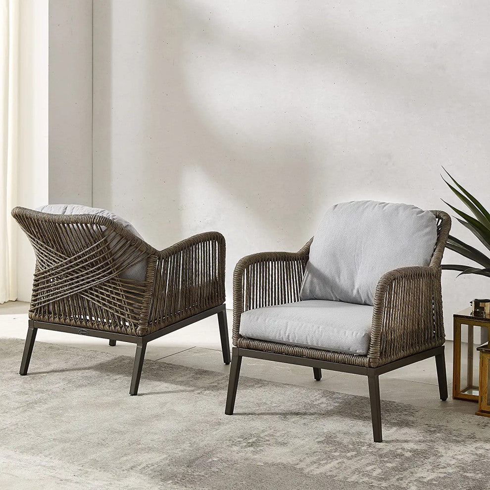Set of 2 Patio Lounge Chairs with Light Brown Rope and Gray Cushions