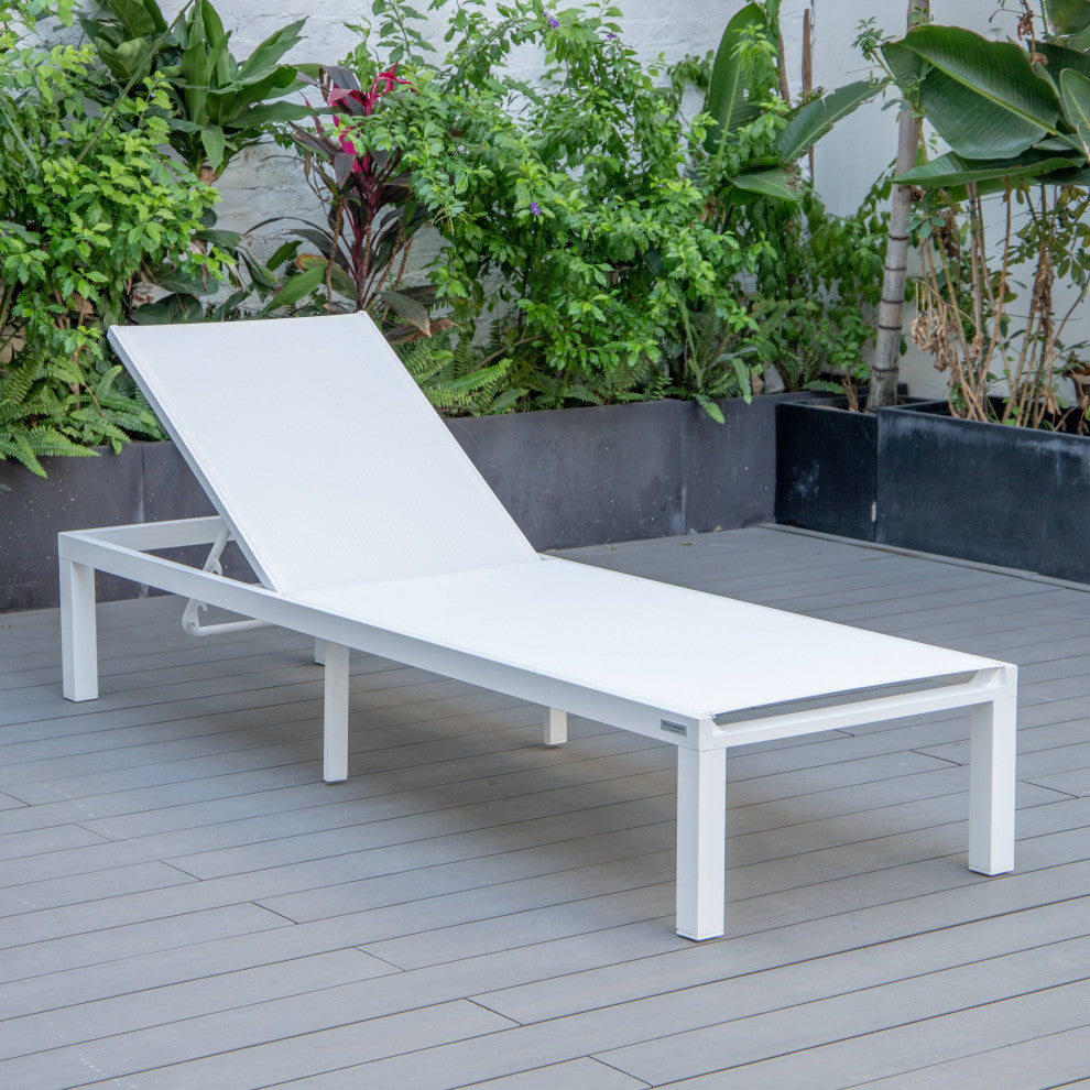 LeisureMod Marlin White Patio Chaise Lounge Chair with Fire Pit Table, White