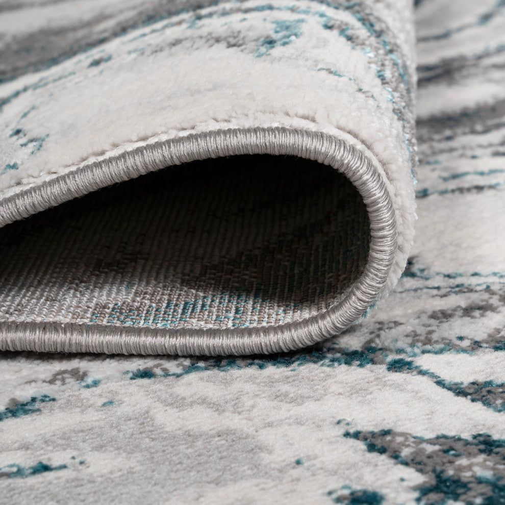 Swirl Marbled Abstract Area Rug, Gray/Turquoise, 3 X 5