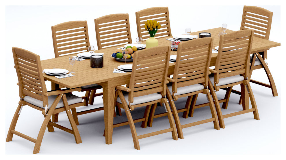 9-Piece Outdoor Teak Dining Set, 122" Rectangle Table, 8 Ashley Arm Chairs