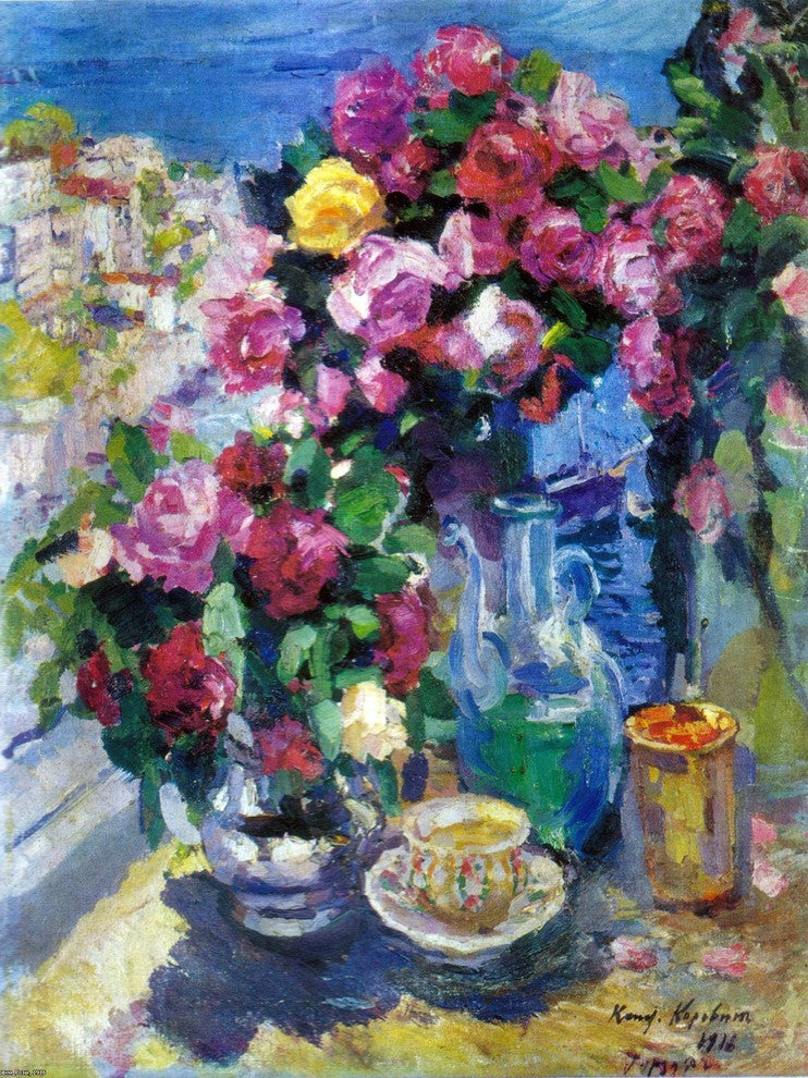 Tile Mural Flowers and Cup Of Tea By Konstantin Korovin, 6"x8", Matte